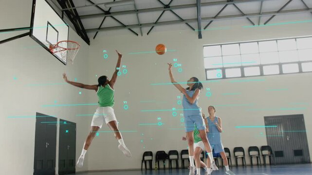 Player dribbling basketball under defender pressure, pivoting and shooting for hoop, HUD tracking