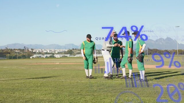 Players walking from left greeting coach, receiving baseball coaching with blue stats bars updating