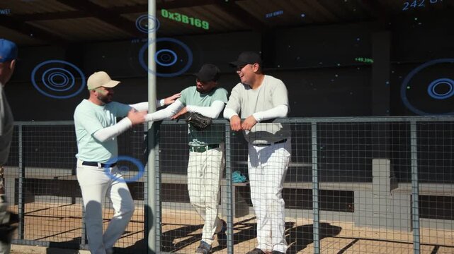 Two baseball players leaning on railing, player reaching across starting before-game handshaking