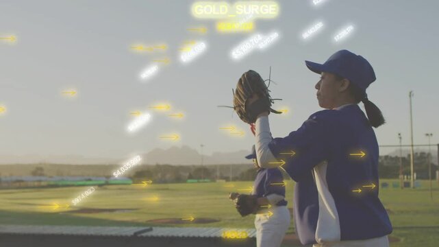 Baseball player catching ball, securing, winding, throwing as animated streaks guiding practice