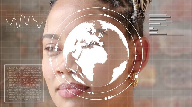 Woman posing by brick wall, halo sparking globe crossing face, charts syncing then fading for tech