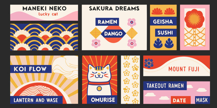 Japanese themed card collection colorful vector illustrations on rectangular cards