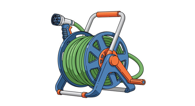 Blue Garden Hose Reel with Green Hose and Spray Nozzle for Lawn Care and Yard Maintenance Illustration