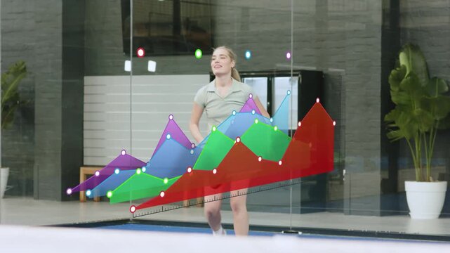 After ball toss woman walking poolside training forehands with paddle, glass charts tracking sports