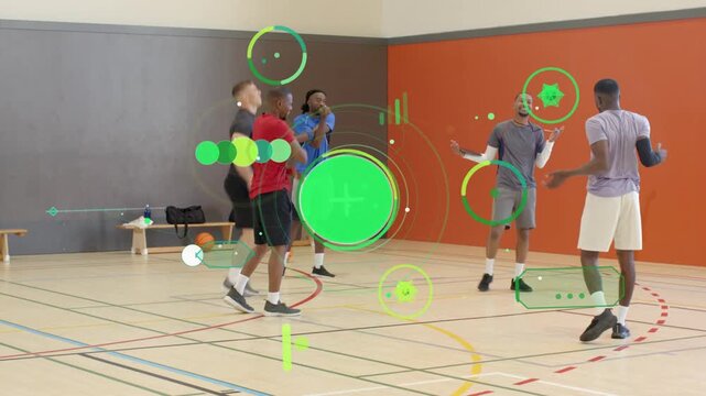 Five players gesturing jumping in sync and moving back for basketball warmup green HUD marking team