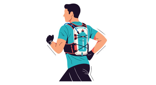 Male athlete running with hydration vest pack for trail running and marathon training back view outdoor fitness illustration