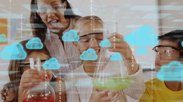 Students holding flasks in science, cloud icons and binary streams emerging, teacher guiding study