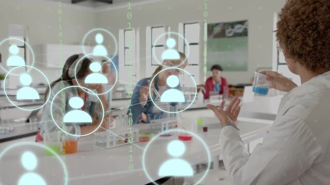 Instructor raising beaker when showing experiment in science lab, animated icons and binary forming