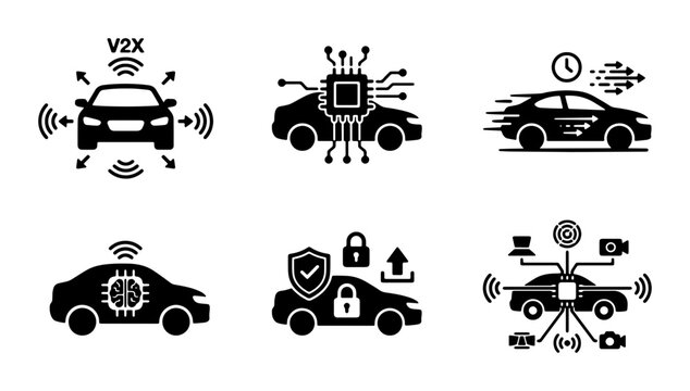 Connected Car Icons Set, V2X Technology, AI Automotive, Smart Vehicle Security, Autonomous Driving Systems, Digital Transport Solutions