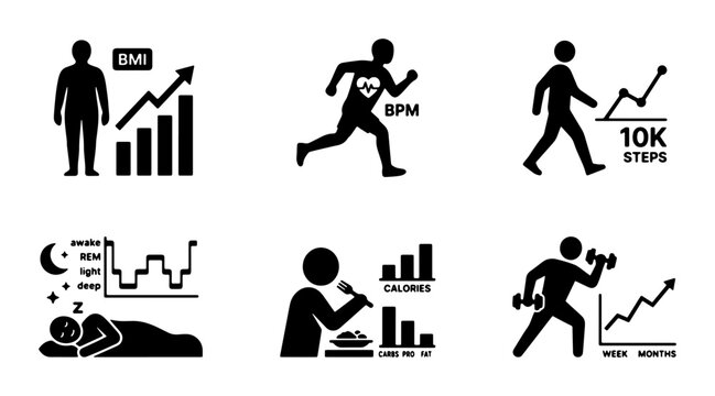 Fitness Tracking Icons Set: BMI, BPM, Steps, Sleep, Calories, Weightlifting, Health Data Vector Graphics