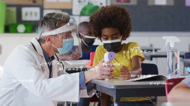 During screening school nurse leaning guiding student using temp gun, math overlaying scene