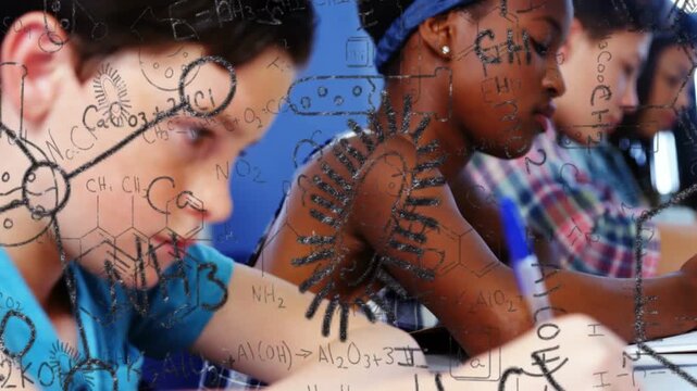Camera shifting leftward, left boy writing with blue pen while science diagrams growing for school