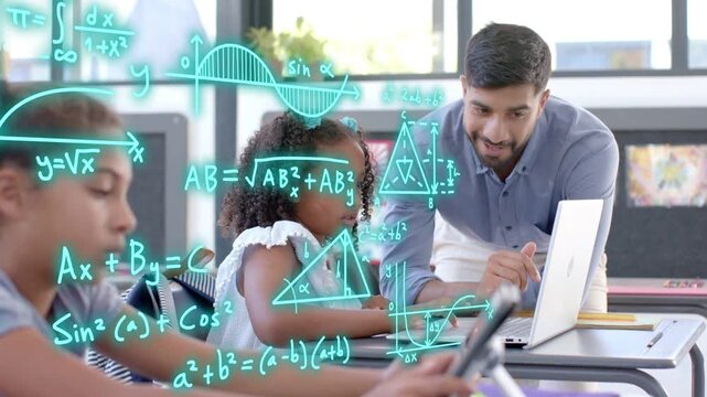 Teacher leaning over laptop guiding pupil, pupil typing causing math holograms for education