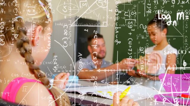 Braided girl holding marker, teacher leaning, passing book to front pupil, math overlay over class