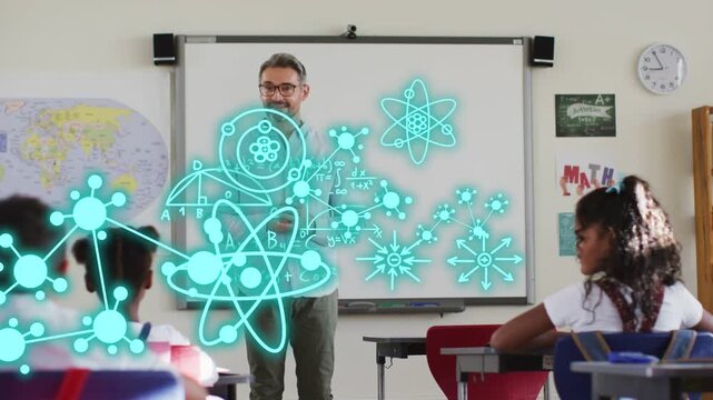 Teacher speaking and gesturing in classroom hologram atoms expanding into math graphs for teaching
