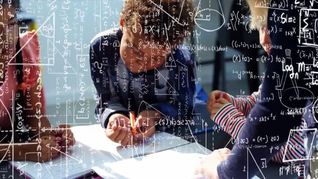 Boy starting writing, peers discussing while tutor guiding, math overlay highlighting learning