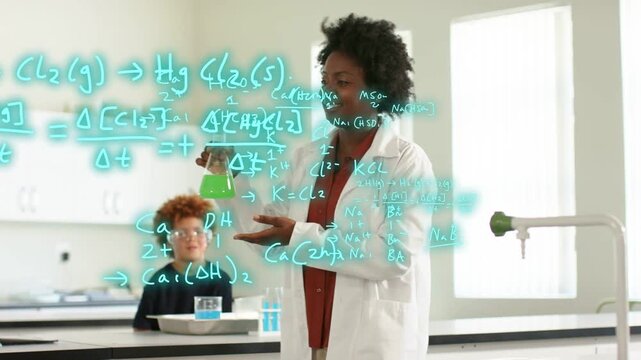Teacher presenting green flask in lab, initiating turquoise chemistry overlay explaining reaction