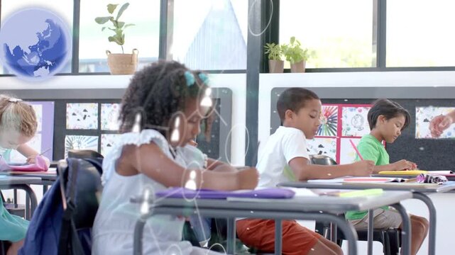 Girl writing in education class while globe overlays drift teacher entering pointing helping work
