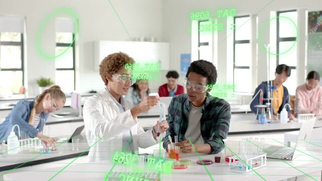Teacher picking up vial and showing pipetting in lab, student practicing, AR overlay linking steps