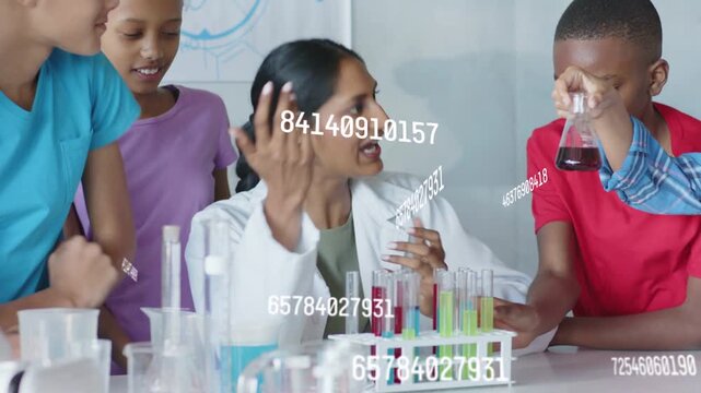 Teacher pointing test tubes, leading science demo while children passing flasks, overlays appearing