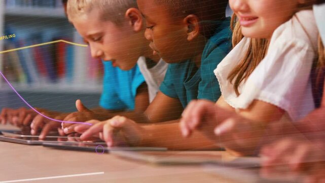 Classmates tapping tablets for learning, activating line graphs on screens and tracking progress