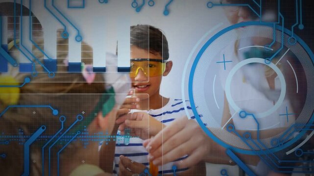 Boy bringing test tube, teacher guiding with pipette, kids learning chemistry under HUD overlay