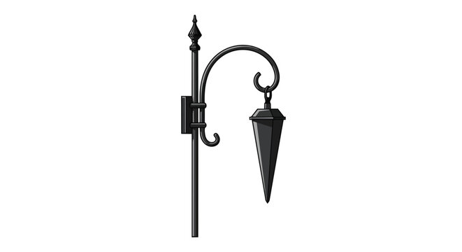 Antique Style Black Metal Wall Mounted Outdoor Street Lantern Illustration with Curved Bracket isolated on white background