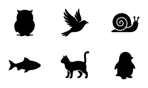 Black Silhouette Animal Icons Set: Owl, Bird, Snail, Fish, Cat, Penguin Vector Graphics for Wildlife and Nature Designs