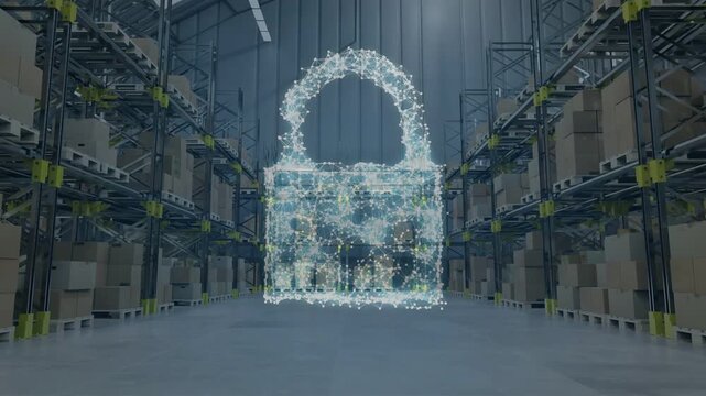 Sparks scattering, rising, forming padlock then shifting into hovering shield representing security