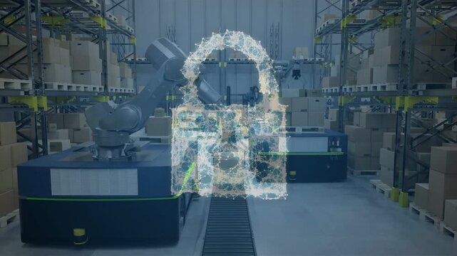 System initiating security, padlock forming then dissolving while robots moving pallets, resuming