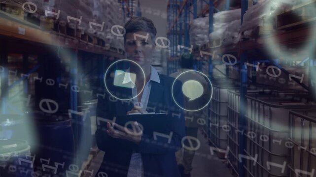 Warehouse manager tapping tablet and checking inventory, activating AR icons cycling across shelves