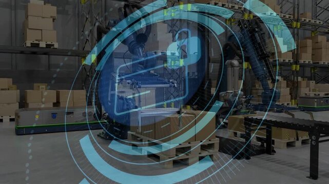 box arriving on belt six-axis palletizer grabbing stacking boxes while HUD spinning showing padlock