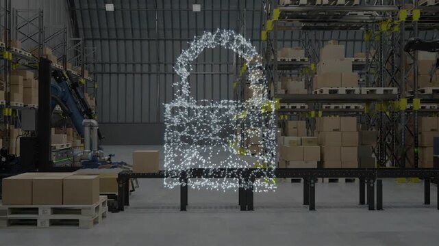 Particle cluster forming padlock hologram, robots loading and palletizing boxes after access check