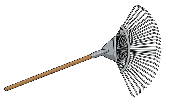 Traditional metal garden leaf rake for autumn lawn maintenance and yard work with wooden handle illustration isolated on white