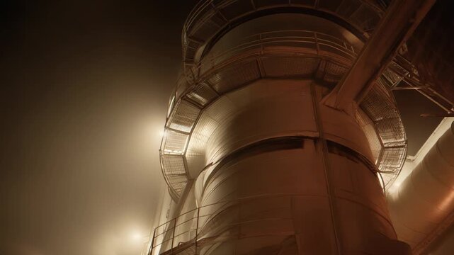 Industrial chemical production facility at night illuminated with warm lights, generating a dramatic glow within the heavy fog surrounding the machinery and factory structures
