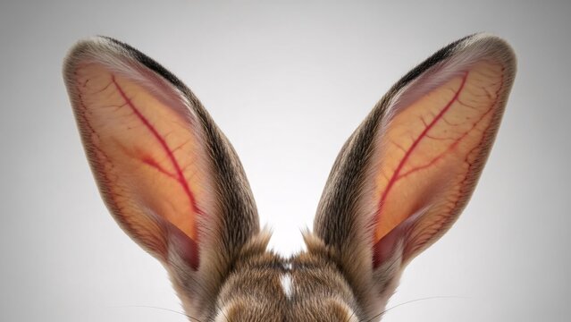 Close-up of a rabbit's ears showing detailed blood vessels and skin texture for veterinary or animal biology research purposes