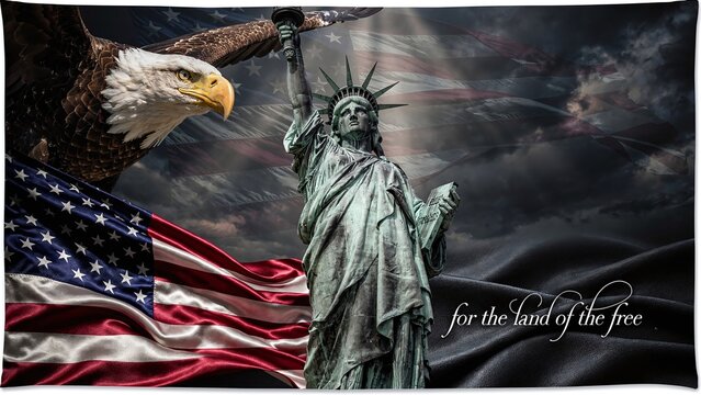 American bald eagle and Statue of Liberty bronze sculpture on patriotic flag background. Epic cinematic composition with dark moody sky, luxurious silk flag textures, and US national symbols