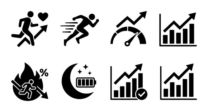 Fitness Performance Icons Set: Running, Health, Speed, Energy, Progress Charts, Burnout, Sleep, Vector Graphics