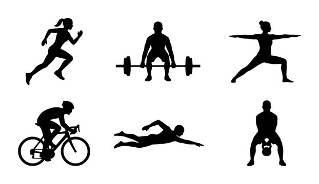 Fitness Icons Set: Running, Weightlifting, Yoga, Cycling, Swimming, Kettlebell Training, Silhouette Vector Graphics for Health and Sport Concepts
