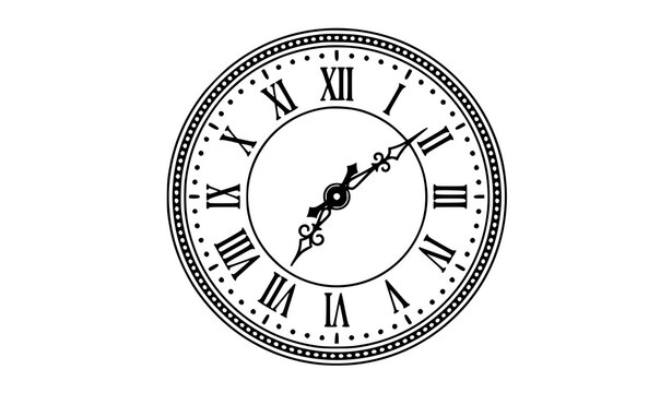 Vintage Roman numeral clock outline vector illustration isolated on white background