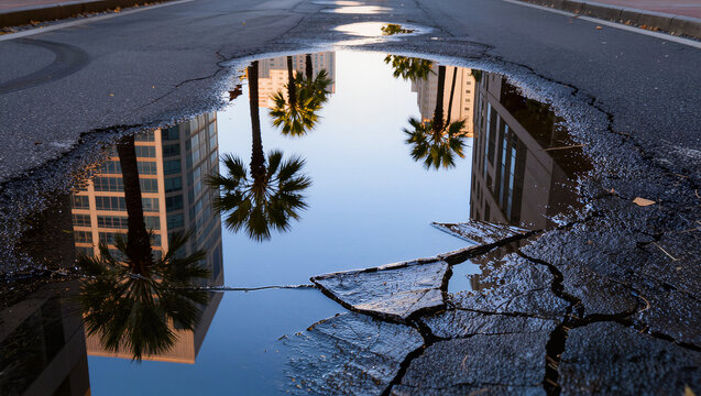 Urban Reflection: Palm Trees and Buildings Mirrored in Pothole