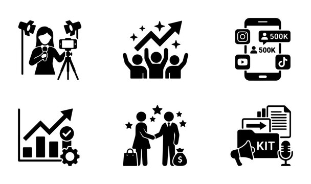 Social Media Marketing Icons Set, Digital Content Creation, Business Growth, Online Promotion, Influencer Marketing, Partnership, Analytics, 6 Vector Graphics