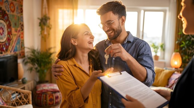 Delighted couple embraces a new chapter, joyfully receiving the keys to their first home, symbolizing a significant and exciting life milestone