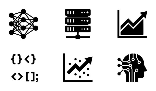 Data Science Icons Set: Neural Network, Server Rack, Growth Chart, Code Brackets, Scatter Plot, AI Head - Technology & Analytics Vector Graphics