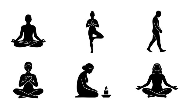 Yoga Poses and Meditation Silhouettes, Mindful Activity Icons, Serene Human Figures for Wellness and Balance Concepts, Vector Set