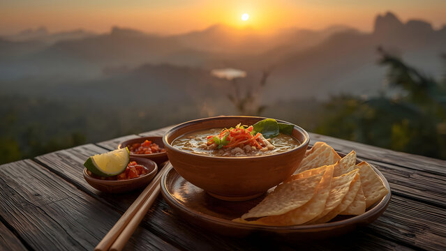 Delicious Soup Meal with Lime and Tortilla Chips at Sunset Over Mountains