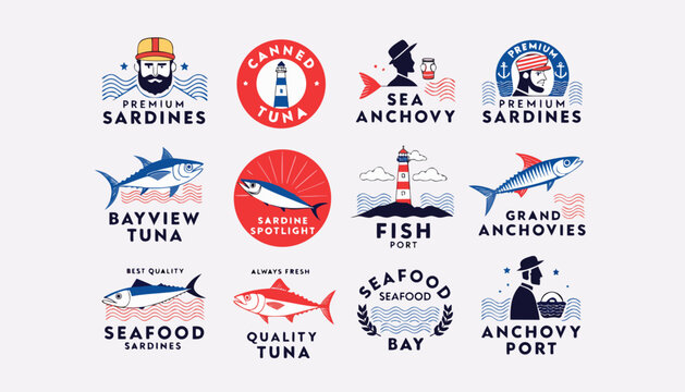 Retro Seafood Packaging Badge Vector Collection