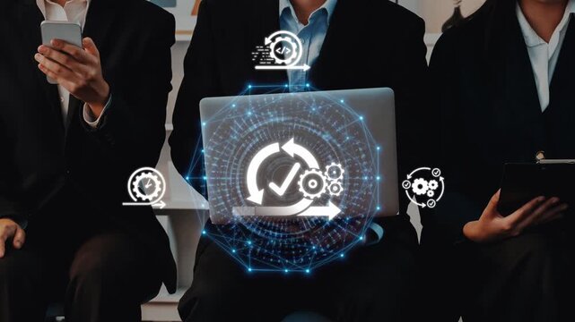 Dynamic scene of professionals interacting with technology, displaying teamwork and innovative solutions in a modern workspace, emphasizing digital transformation and collaboration. Raster
