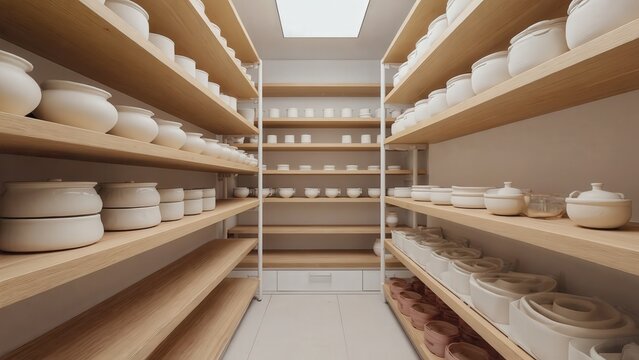 Walk in pantry with wooden shelves