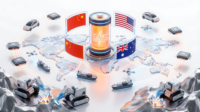 Robots, flags, and semiconductors create a futuristic global network concept